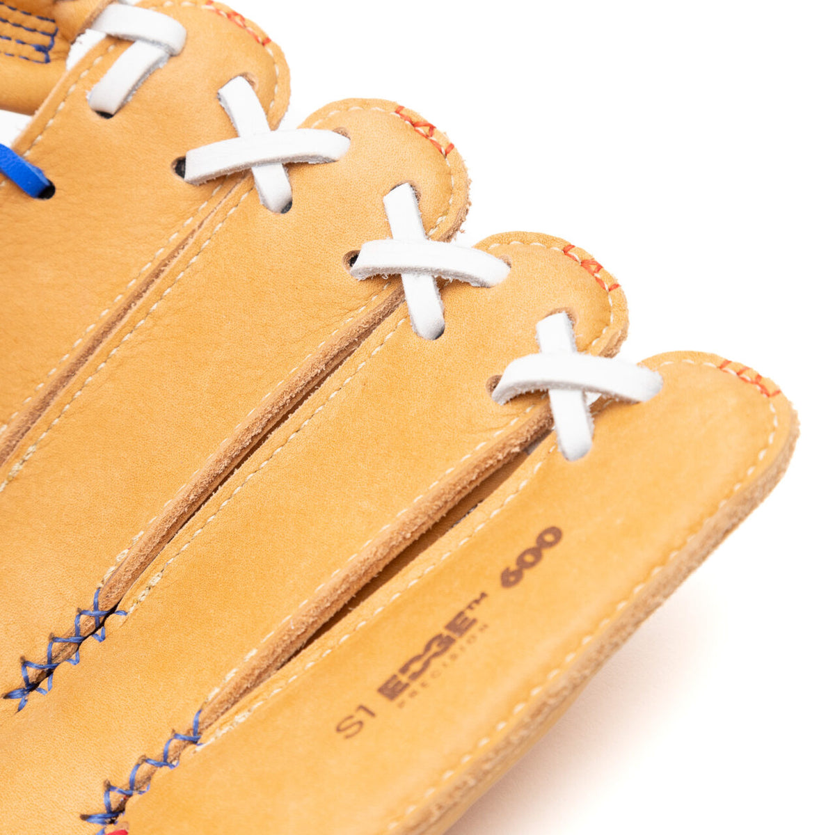 Close-up of the fingers of a tan Nokona S1 All-American 12.25″ Baseball Glove: S1-EP600POP, featuring white lacing, blue stitching, and Supersoft Steerhide leather.