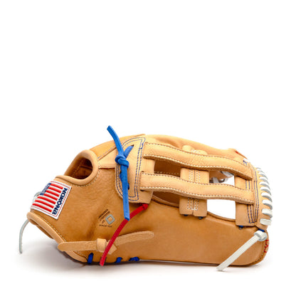 Nokona S1 All-American 12.5″ Baseball Glove: S1-EP800POP in tan supersoft steerhide leather with an H-web design, featuring blue and red laces, white edge lacing, and an American flag patch on the wrist strap of this youth outfield glove.