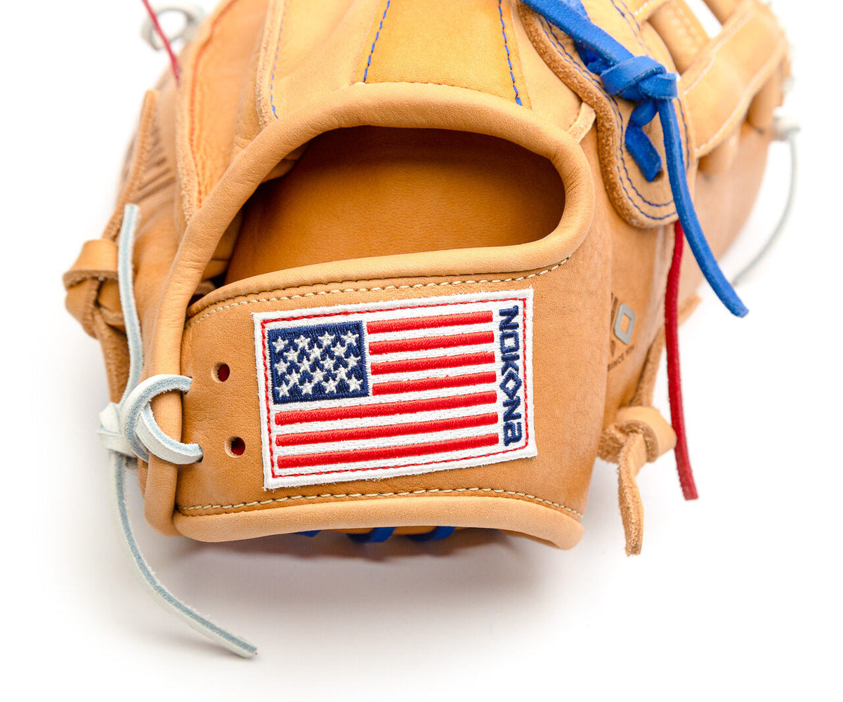 Nokona S1 All-American 12.5″ Baseball Glove: S1-EP800POP made of supersoft tan steerhide leather, featuring an American flag patch and blue and red laces.
