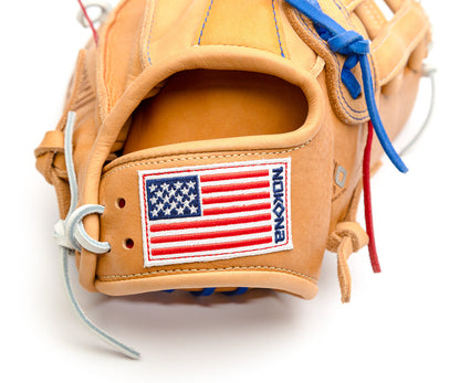 Nokona S1 All-American 12.5″ Baseball Glove: S1-EP800POP made of supersoft tan steerhide leather, featuring an American flag patch and blue and red laces.