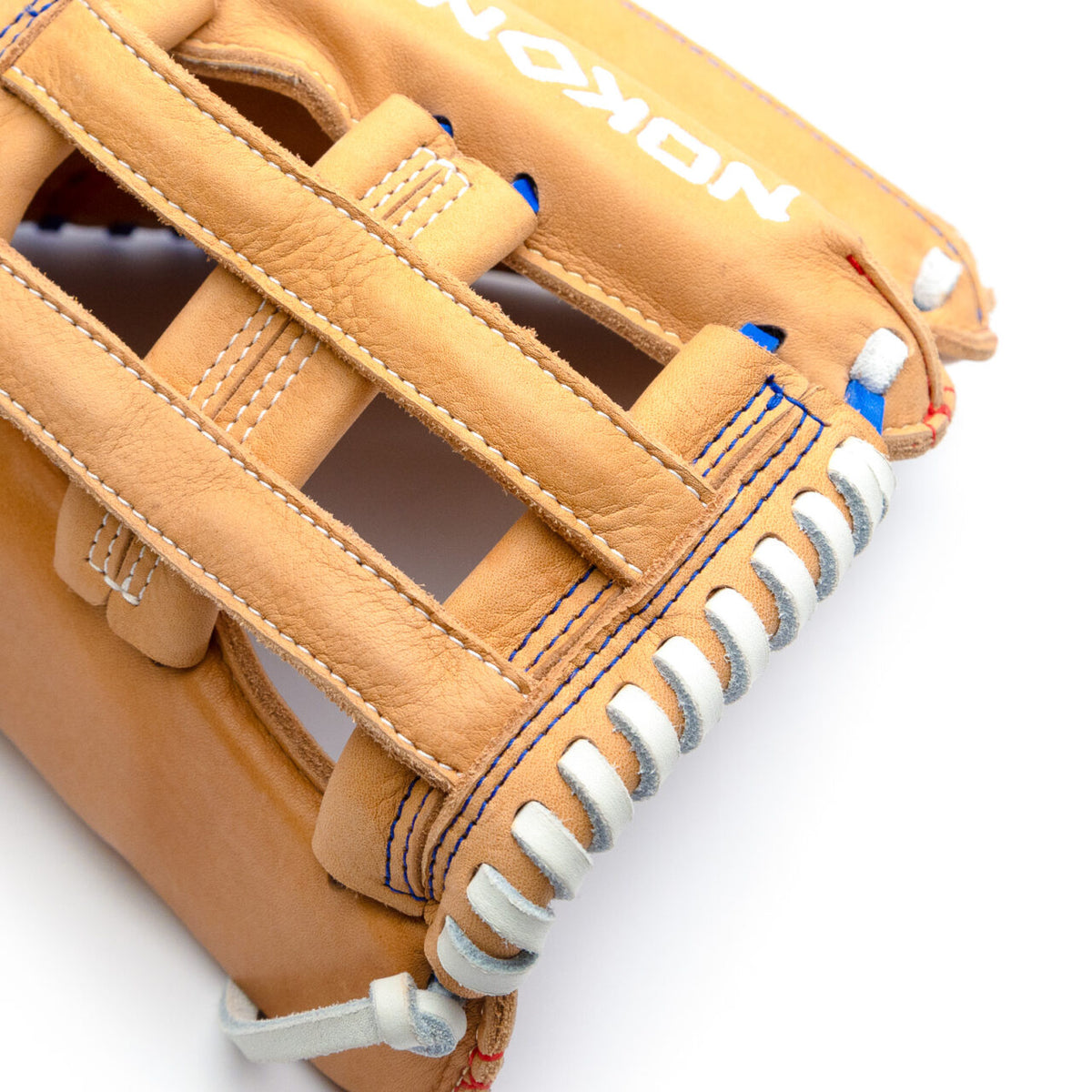 Tan Nokona S1 All-American 12.5″ Baseball Glove: S1-EP800POP made of supersoft steerhide leather, featuring a grid-pattern web and white lacing along the edge.
