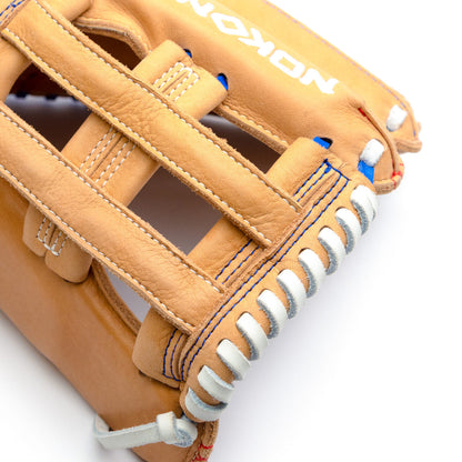 Tan Nokona S1 All-American 12.5″ Baseball Glove: S1-EP800POP made of supersoft steerhide leather, featuring a grid-pattern web and white lacing along the edge.