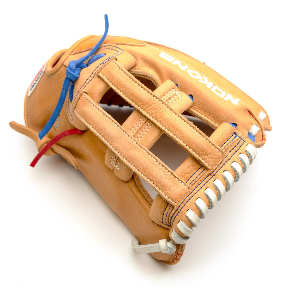 Nokona S1 All-American 12.5″ Baseball Glove: S1-EP800POP in tan supersoft steerhide leather featuring a closed web, white lacing, and blue finger accents for youth players.