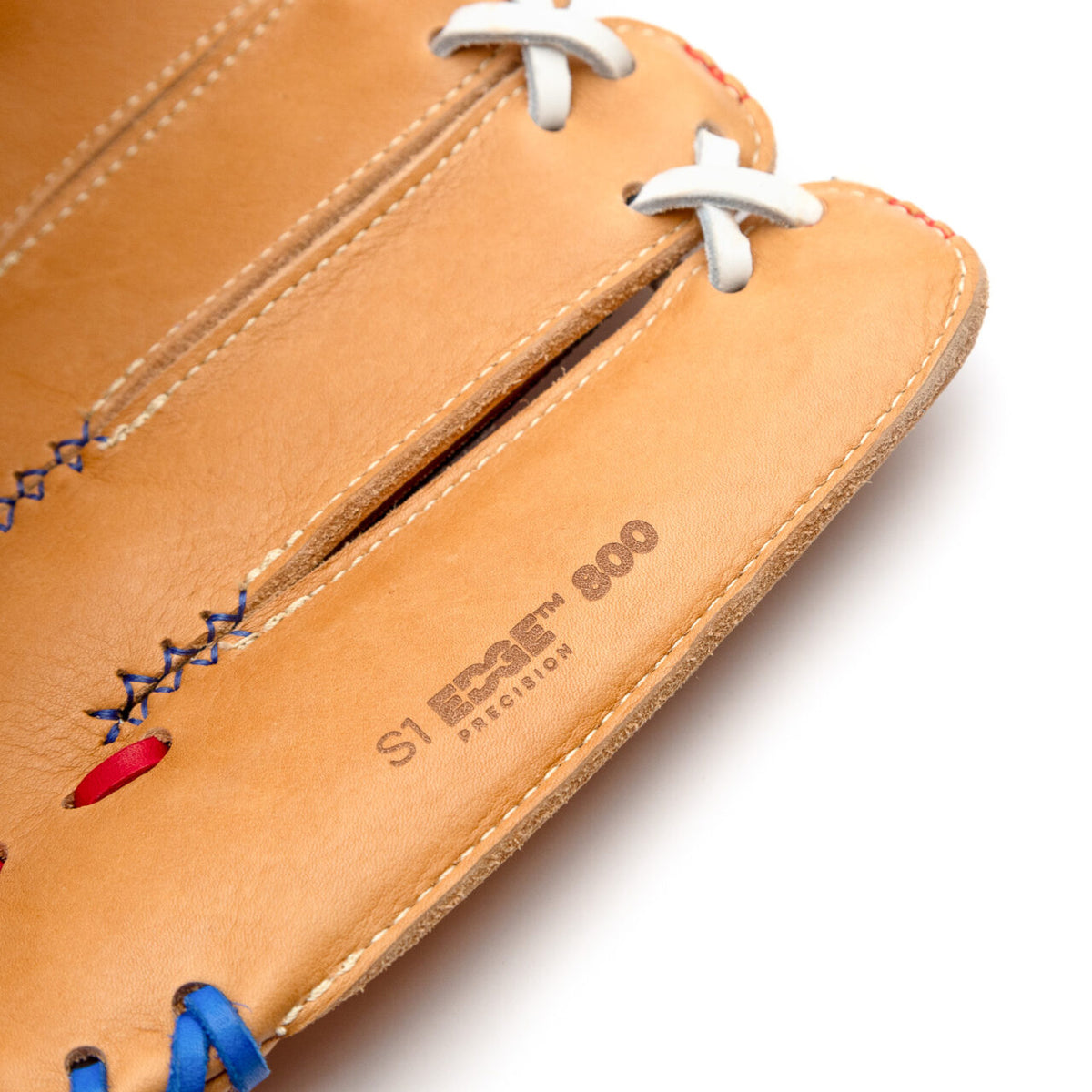 Nokona S1 All-American 12.5″ Baseball Glove: S1-EP800POP in tan Supersoft Steerhide leather with white lacing and blue and red accent stitching, showing the imprint S1 EDGE 800 PRECISION on the palm.