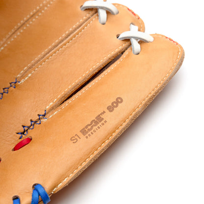 Nokona S1 All-American 12.5″ Baseball Glove: S1-EP800POP in tan Supersoft Steerhide leather with white lacing and blue and red accent stitching, showing the imprint S1 EDGE 800 PRECISION on the palm.