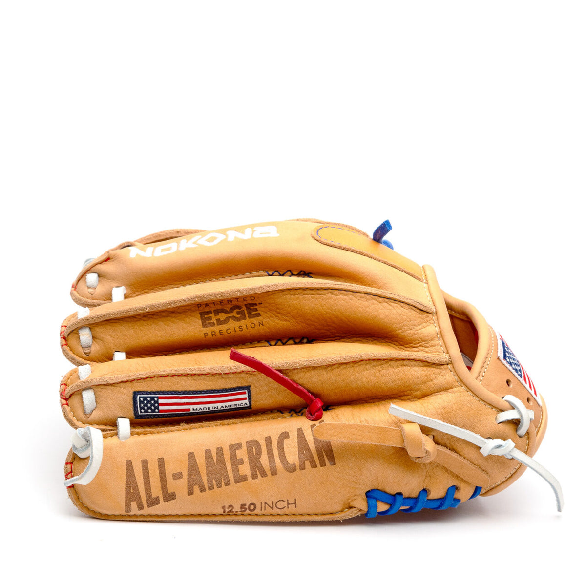 Nokona S1 All-American 12.5″ Baseball Glove: S1-EP800POP in tan supersoft steerhide leather featuring a US flag patch, white lacing, and blue webbing.