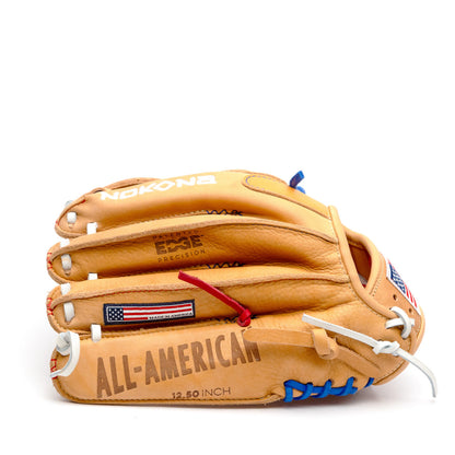 Nokona S1 All-American 12.5″ Baseball Glove: S1-EP800POP in tan supersoft steerhide leather featuring a US flag patch, white lacing, and blue webbing.