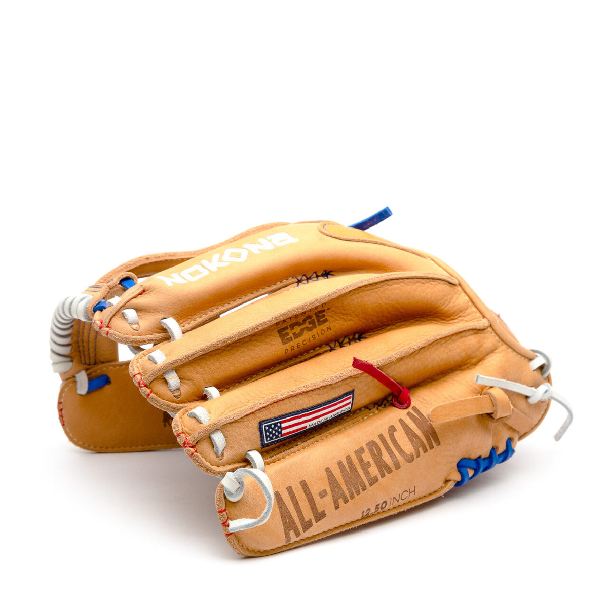 Nokona S1 All-American 12.5″ Baseball Glove: S1-EP800POP in tan with red, white, and blue lacing, an American flag patch, and the text All-American embossed on the palm.