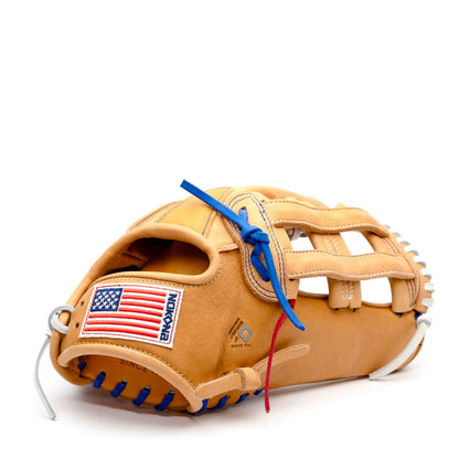 Nokona S1 All-American 12.5″ Baseball Glove: S1-EP800POP made of tan supersoft steerhide leather, featuring a US flag patch, blue lacing, and white stitching.