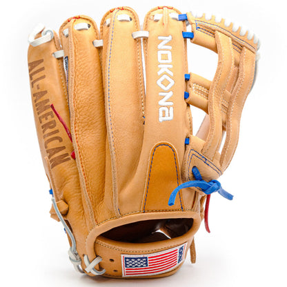 Nokona S1 All-American 12.5″ Baseball Glove: S1-EP800POP in tan supersoft steerhide leather with blue laces, white lacing accents, an American flag patch on the wrist strap, and All-American stamped on the thumb.