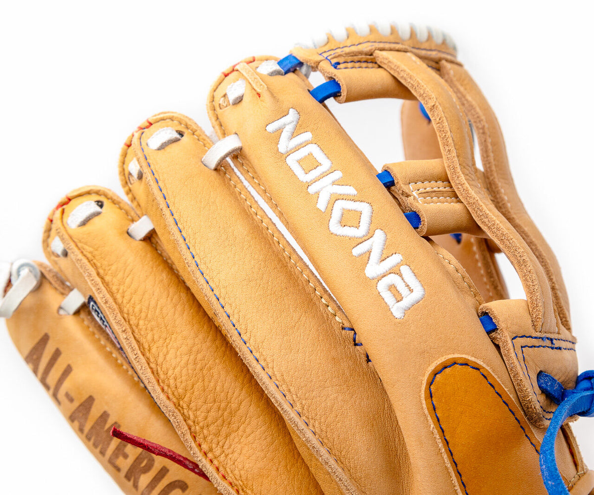 Tan Supersoft Steerhide Nokona S1 All-American 12.5″ Baseball Glove: S1-EP800POP with blue laces and white branding on the back of the wrist strap.