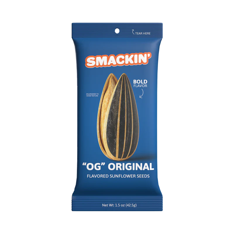 Smackin' Sunflower Seeds - 1.5oz by Smackin' Sunflower Seeds comes in a blue bag with two seed illustrations and bold orange-white text. Enjoy the classic, bold flavor of these jumbo sunflower seeds in every pack.