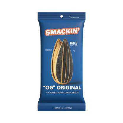 Smackin' Sunflower Seeds - 1.5oz by Smackin' Sunflower Seeds comes in a blue bag with two seed illustrations and bold orange-white text. Enjoy the classic, bold flavor of these jumbo sunflower seeds in every pack.