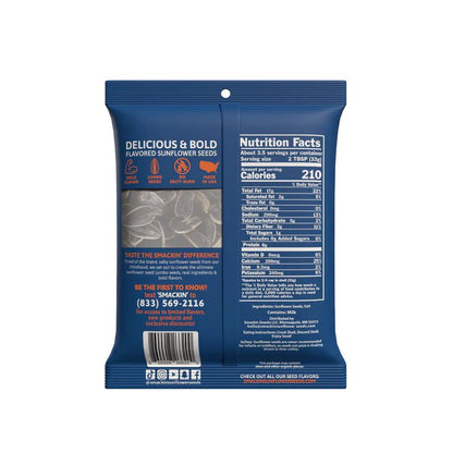 Back of a blue 4oz Smackin' Sunflower Seeds bag displays nutrition facts, ingredients, contact number, QR code, and a clear window showing the flavored sunflower seeds inside. Brand: Smackin' Sunflower Seeds.