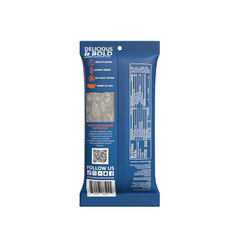 Back of a blue Smackin' Sunflower Seeds - 1.5oz pack shows nutrition facts, branding, social media icons, QR code, and a clear window revealing jumbo seeds. Text promotes bold flavors and states Made in USA.