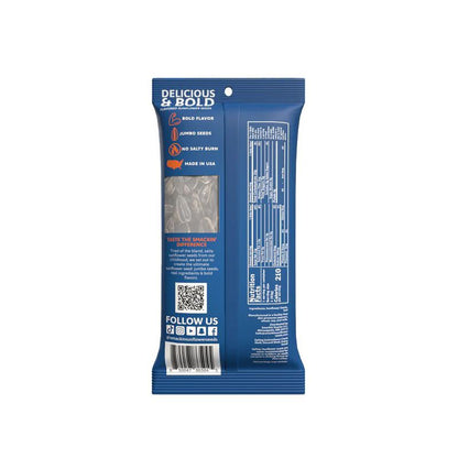 Back of a blue Smackin' Sunflower Seeds - 1.5oz pack shows nutrition facts, branding, social media icons, QR code, and a clear window revealing jumbo seeds. Text promotes bold flavors and states Made in USA.