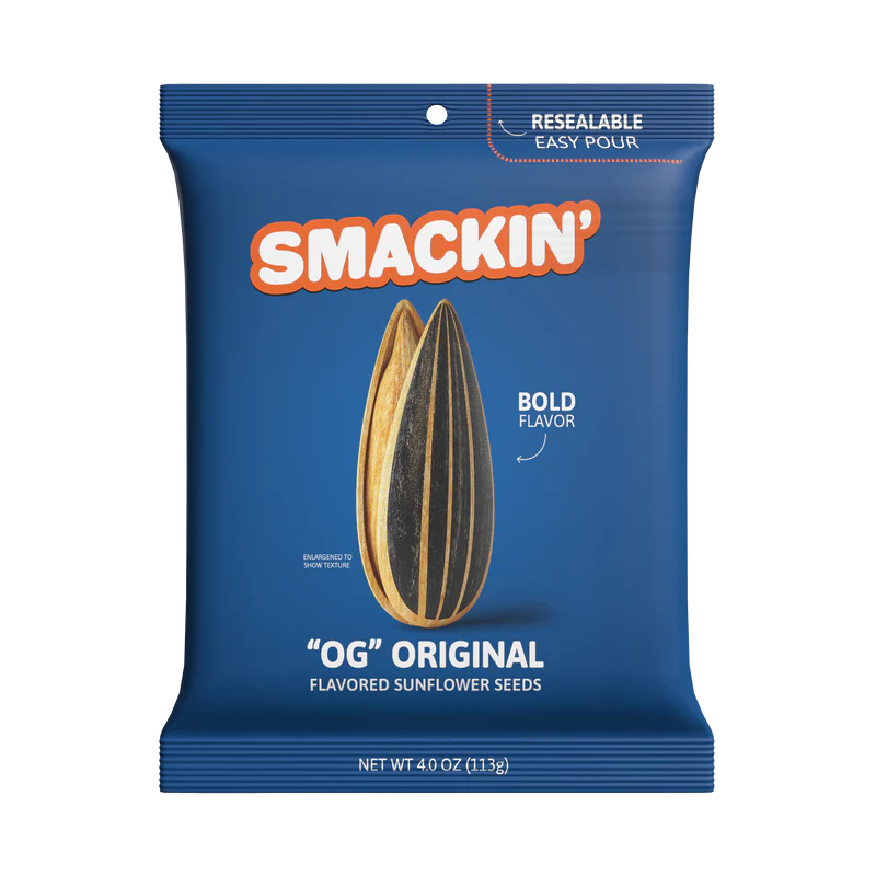 A blue resealable 4oz bag of Smackin' Sunflower Seeds, featuring two seeds and bold flavor text on the front. From Smackin' Sunflower Seeds, these jumbo OG Original flavored sunflower seeds come in a convenient pack.