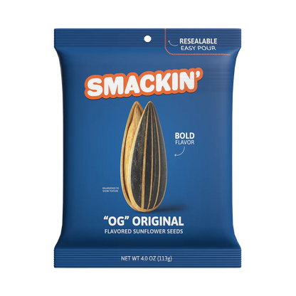 A blue resealable 4oz bag of Smackin' Sunflower Seeds, featuring two seeds and bold flavor text on the front. From Smackin' Sunflower Seeds, these jumbo OG Original flavored sunflower seeds come in a convenient pack.