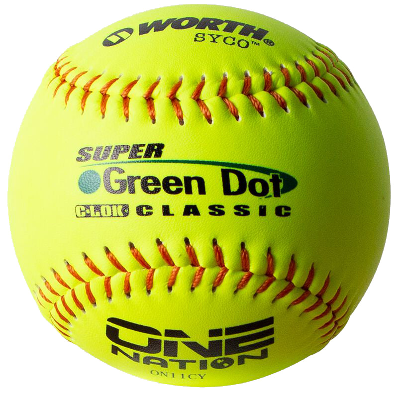 The Worth One Nation Super Green Dot 11" 40/325 Composite Slowpitch Softball (ON11CY) by Worth is a yellow softball with black text, like Green Dot and traditional 11" slowpitch softballs.