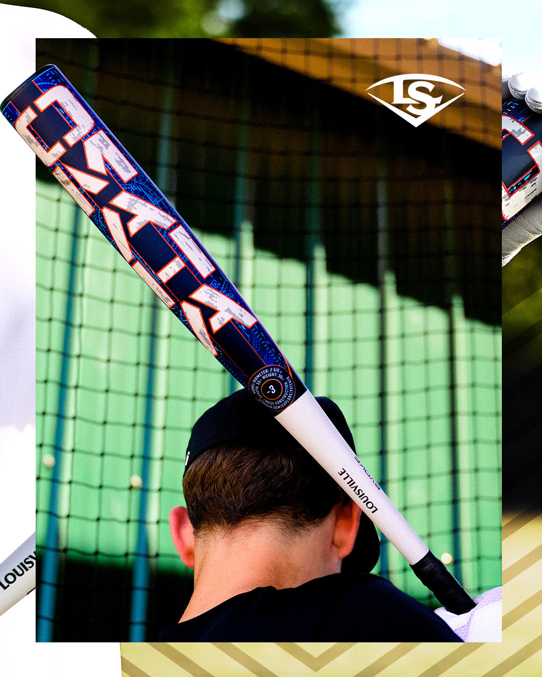 A person holding a bright Louisville Slugger 2027 Omaha (-3) BBCOR Baseball Bat (WBL4249010) over their shoulder, standing near a green fence with a net above.