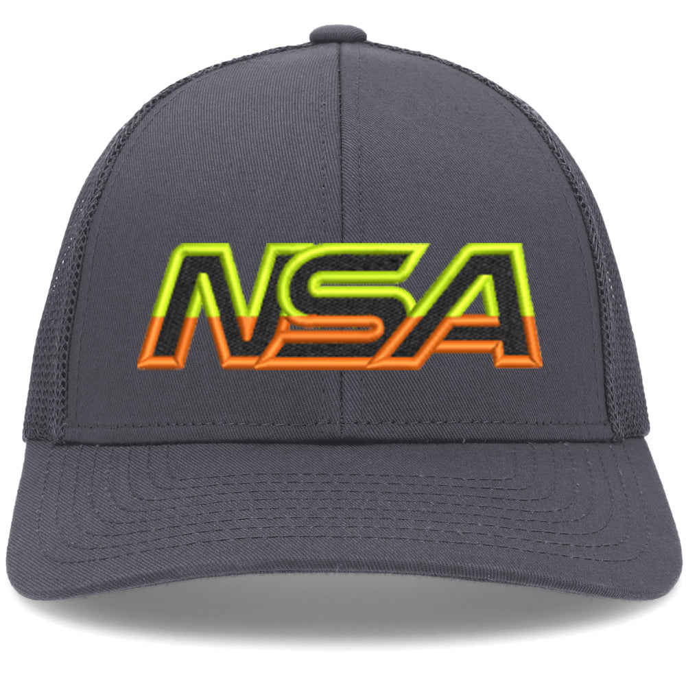 The NSA Outline Series Low-Pro Snapback Hat: P114 by Pacific Headwear features a dark gray front with bold neon yellow and orange “NSA” letters, mesh back, curved brim, and adjustable snapback—ideal for National Softball Association fans.