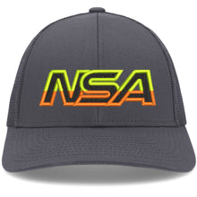 The NSA Outline Series Low-Pro Snapback Hat: P114 by Pacific Headwear features a dark gray front with bold neon yellow and orange “NSA” letters, mesh back, curved brim, and adjustable snapback—ideal for National Softball Association fans.
