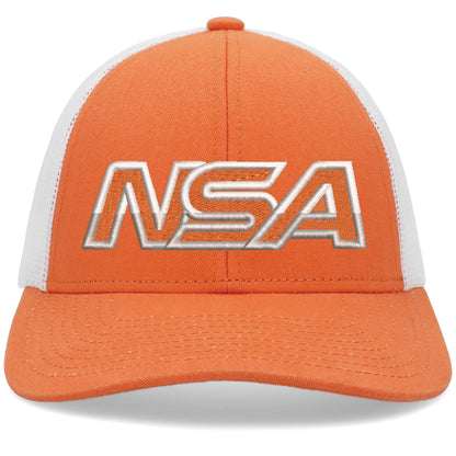 The Pacific Headwear NSA Outline Series Low-Pro Snapback Hat (P114) features an orange and white design with "NSA" boldly embroidered in white, gray-outlined letters on the front and an adjustable snapback fit.