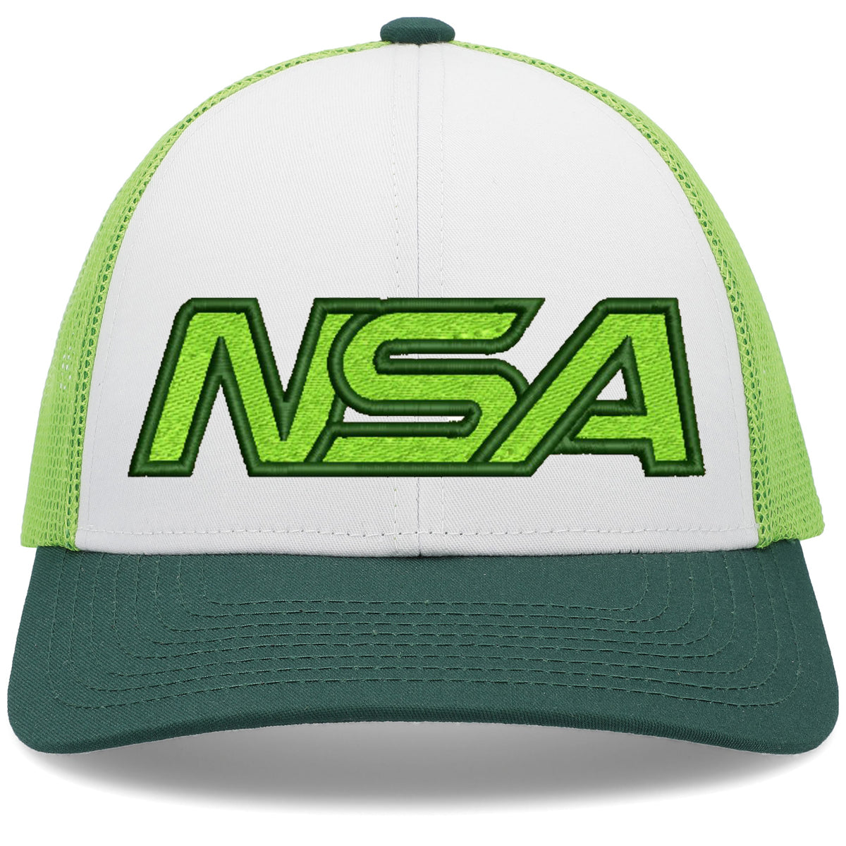 The Pacific Headwear NSA Outline Series Low-Pro Snapback Hat (P114) features a white and green design with a green bill, mesh back, and bold green NSA embroidery, representing the National Softball Association in style.