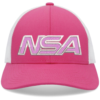 The Pacific Headwear NSA Outline Series Low-Pro Snapback Hat (P114) features pink and white colors, large embroidered NSA letters on the front, and a snapback adjustable closure.