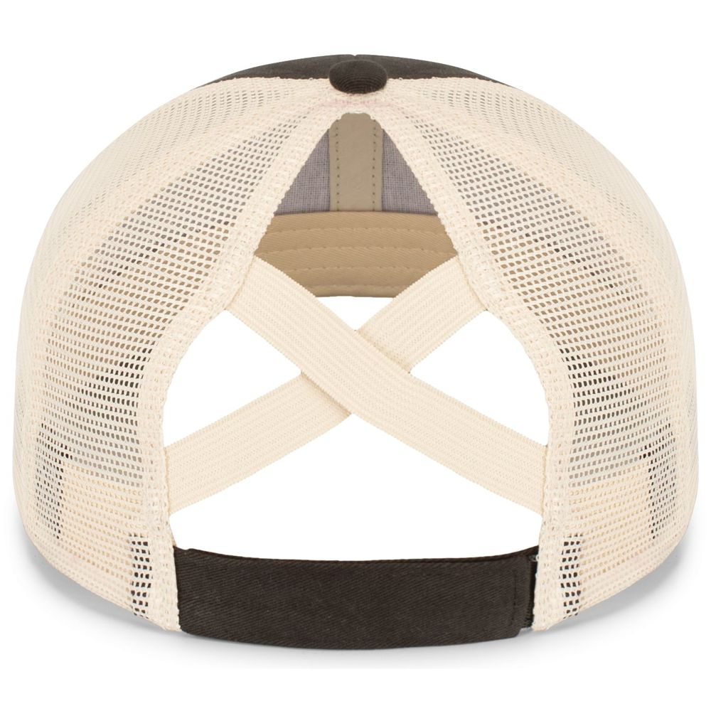 Rear view of the Pacific Headwear NSA Script Ladies Ponytail Cap (P130) with a black brim, beige mesh panels, and crisscross elastic bands above an adjustable strap—ideal for fans of the National Softball Association.