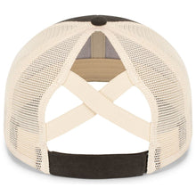 Rear view of the Pacific Headwear NSA Script Ladies Ponytail Cap (P130) with a black brim, beige mesh panels, and crisscross elastic bands above an adjustable strap—ideal for fans of the National Softball Association.