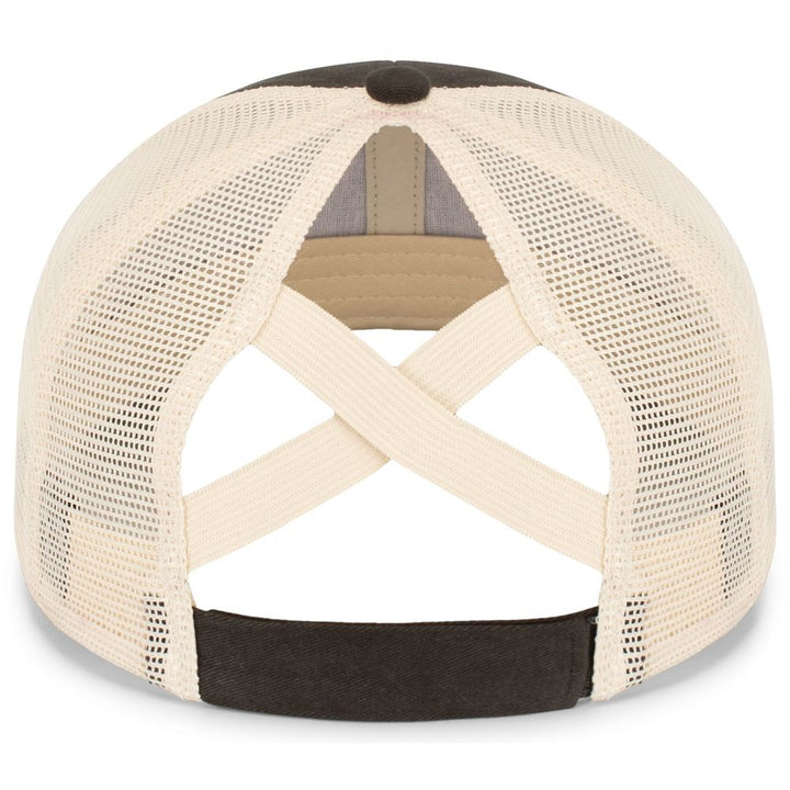 Rear view of the Pacific Headwear NSA Script Ladies Ponytail Cap (P130) with a black brim, beige mesh panels, and crisscross elastic bands above an adjustable strap—ideal for fans of the National Softball Association.