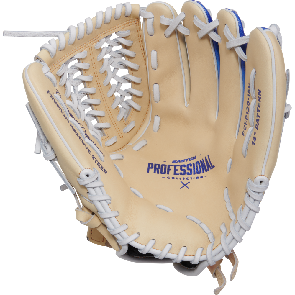 The Easton Professional Collection Color Splash 12" Fastpitch Softball Glove (PCFP120-15C) features premium USA steerhide leather in tan and white, blue stitching, white laces, an open interior, and “EASTON PROFESSIONAL” and “12 PATTERN” printed inside.