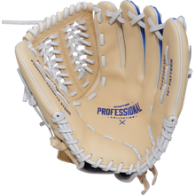 The Easton Professional Collection Color Splash 12" Fastpitch Softball Glove (PCFP120-15C) features premium USA steerhide leather in tan and white, blue stitching, white laces, an open interior, and “EASTON PROFESSIONAL” and “12 PATTERN” printed inside.
