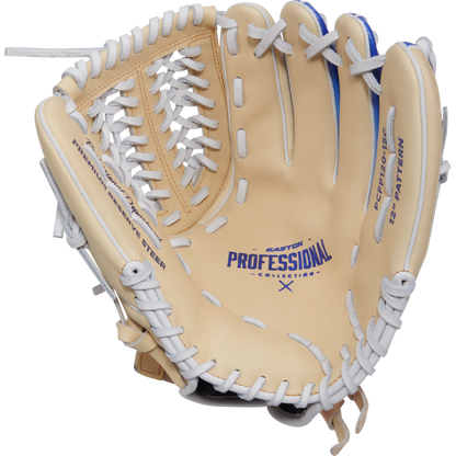 The Easton Professional Collection Color Splash 12" Fastpitch Softball Glove (PCFP120-15C) features premium USA steerhide leather in tan and white, blue stitching, white laces, an open interior, and “EASTON PROFESSIONAL” and “12 PATTERN” printed inside.