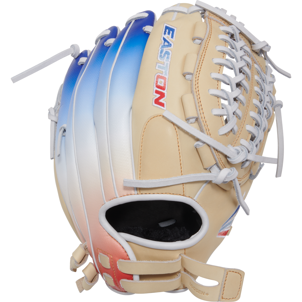 The Easton Professional Collection Color Splash 12" Fastpitch Softball Glove (PCFP120-15C) features a white and blue design and is crafted from premium USA steerhide leather for lasting performance.