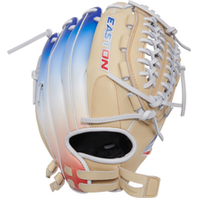 The Easton Professional Collection Color Splash 12" Fastpitch Softball Glove (PCFP120-15C) features a white and blue design and is crafted from premium USA steerhide leather for lasting performance.