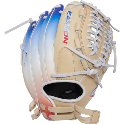The Easton Professional Collection Color Splash 12" Fastpitch Softball Glove (PCFP120-15C) features a white and blue design and is crafted from premium USA steerhide leather for lasting performance.