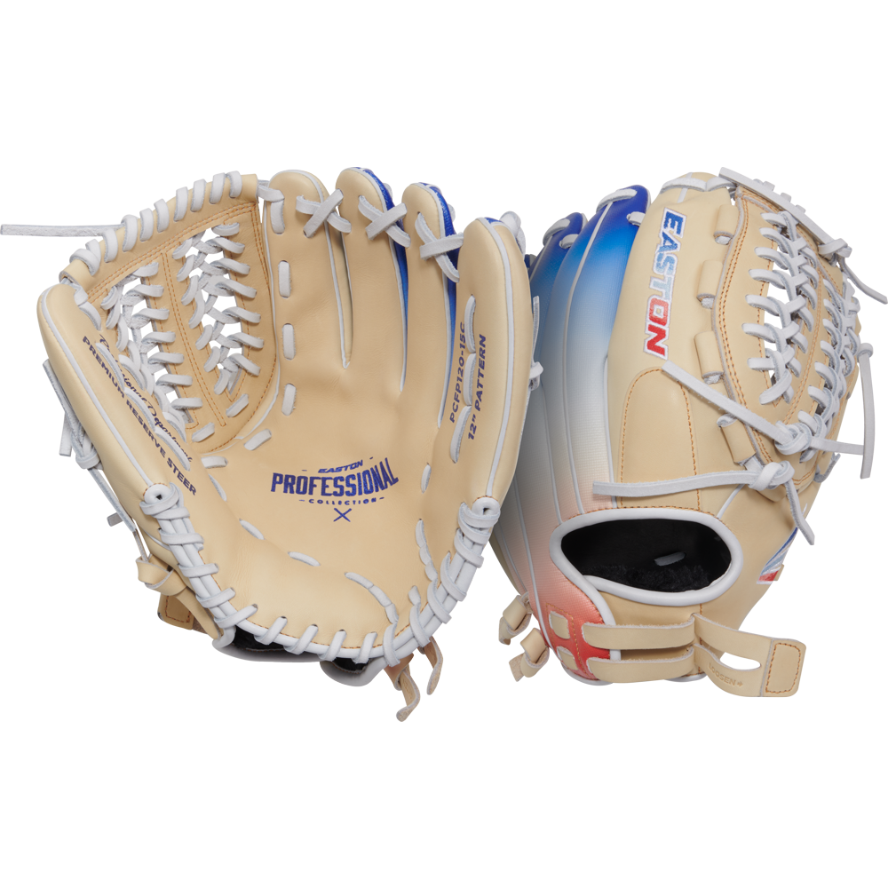 Two Easton Professional Collection Color Splash 12" Fastpitch Softball Gloves (PCFP120-15C) are shown in beige with white laces, blue and red accents, and EASTON branding on premium USA steerhide leather. Both inside and outside views are displayed.