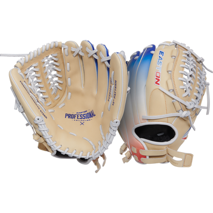 Two Easton Professional Collection Color Splash 12" Fastpitch Softball Gloves (PCFP120-15C) are shown in beige with white laces, blue and red accents, and EASTON branding on premium USA steerhide leather. Both inside and outside views are displayed.
