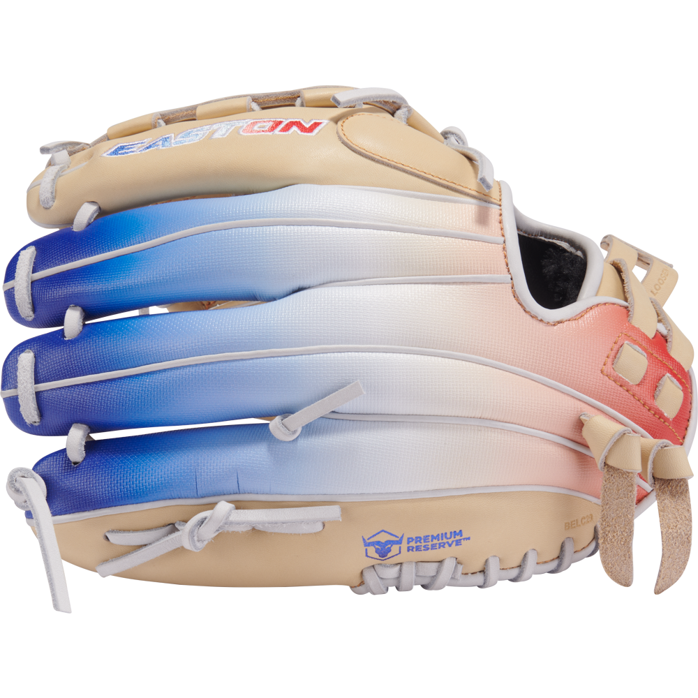 The Easton Professional Collection Color Splash 12" Fastpitch Softball Glove (PCFP120-15C) features premium USA steerhide leather in a beige, blue, and red gradient with white stitching, laces, woven thumb webbing, and Premium Reserve label.