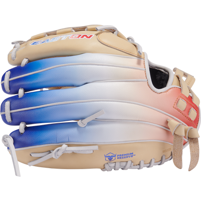 The Easton Professional Collection Color Splash 12" Fastpitch Softball Glove (PCFP120-15C) features premium USA steerhide leather in a beige, blue, and red gradient with white stitching, laces, woven thumb webbing, and Premium Reserve label.