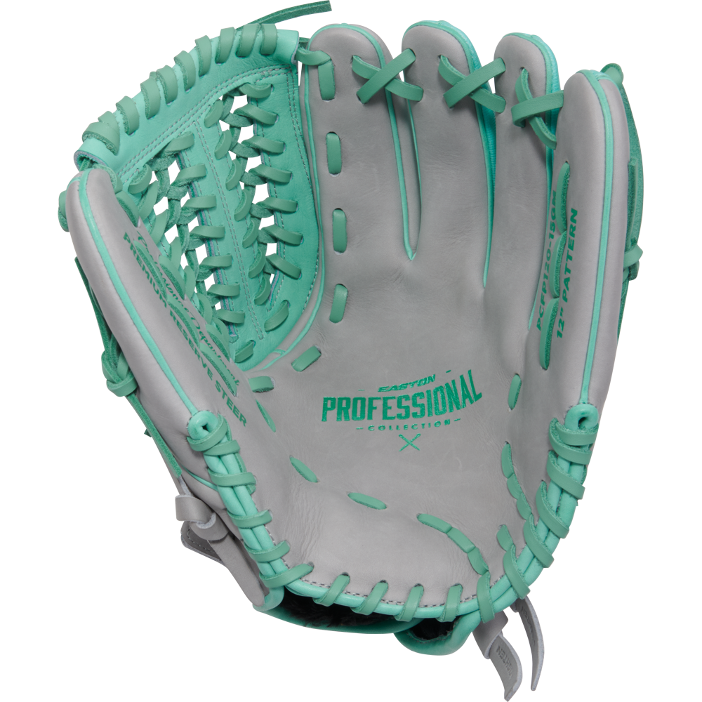 The Easton Professional Collection Color Splash 12" Fastpitch Softball Glove (PCFP120-15GM) features premium USA steerhide leather in light gray with teal laces and accents, showcasing its open inside pocket and webbing.