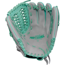 The Easton Professional Collection Color Splash 12" Fastpitch Softball Glove (PCFP120-15GM) features premium USA steerhide leather in light gray with teal laces and accents, showcasing its open inside pocket and webbing.
