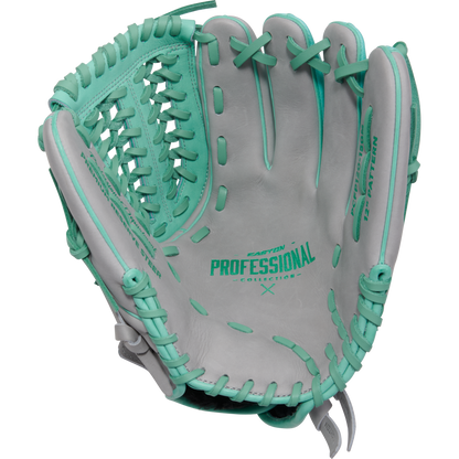 The Easton Professional Collection Color Splash 12" Fastpitch Softball Glove (PCFP120-15GM) features premium USA steerhide leather in light gray with teal laces and accents, showcasing its open inside pocket and webbing.