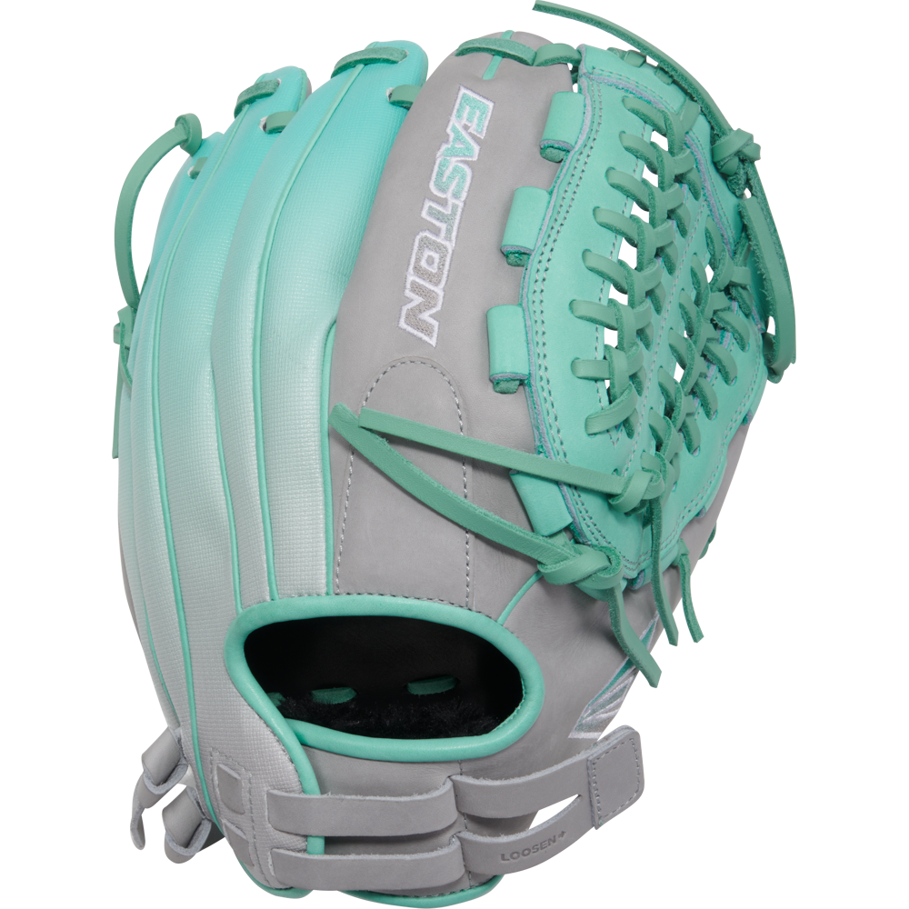 The Easton Professional Collection Color Splash 12" Fastpitch Softball Glove (PCFP120-15GM) features mint green and gray premium USA steerhide leather, visible stitching, laces, an EASTON logo on the back, open pocket, and webbing. Appears new.