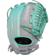 The Easton Professional Collection Color Splash 12" Fastpitch Softball Glove (PCFP120-15GM) features mint green and gray premium USA steerhide leather, visible stitching, laces, an EASTON logo on the back, open pocket, and webbing. Appears new.