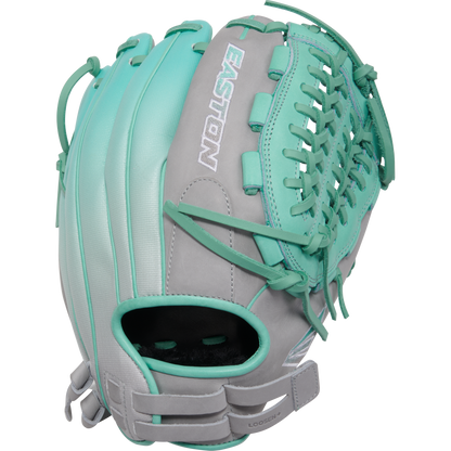 The Easton Professional Collection Color Splash 12" Fastpitch Softball Glove (PCFP120-15GM) features mint green and gray premium USA steerhide leather, visible stitching, laces, an EASTON logo on the back, open pocket, and webbing. Appears new.