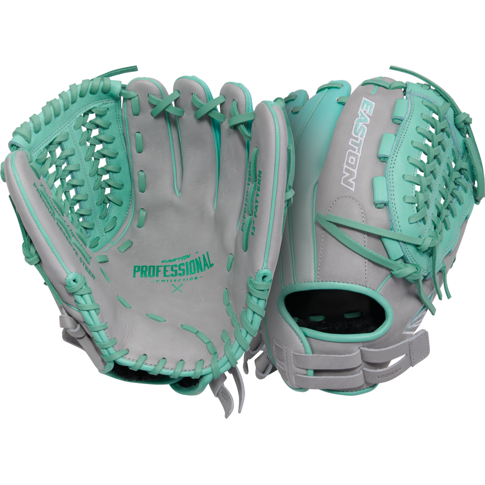 The Easton Professional Collection Color Splash 12" Fastpitch Softball Glove (PCFP120-15GM) features premium USA steerhide leather in gray with teal accents and lacing, shown in palm and back views. Brand: Easton.