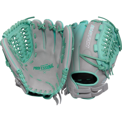 The Easton Professional Collection Color Splash 12" Fastpitch Softball Glove (PCFP120-15GM) features premium USA steerhide leather in gray with teal accents and lacing, shown in palm and back views. Brand: Easton.